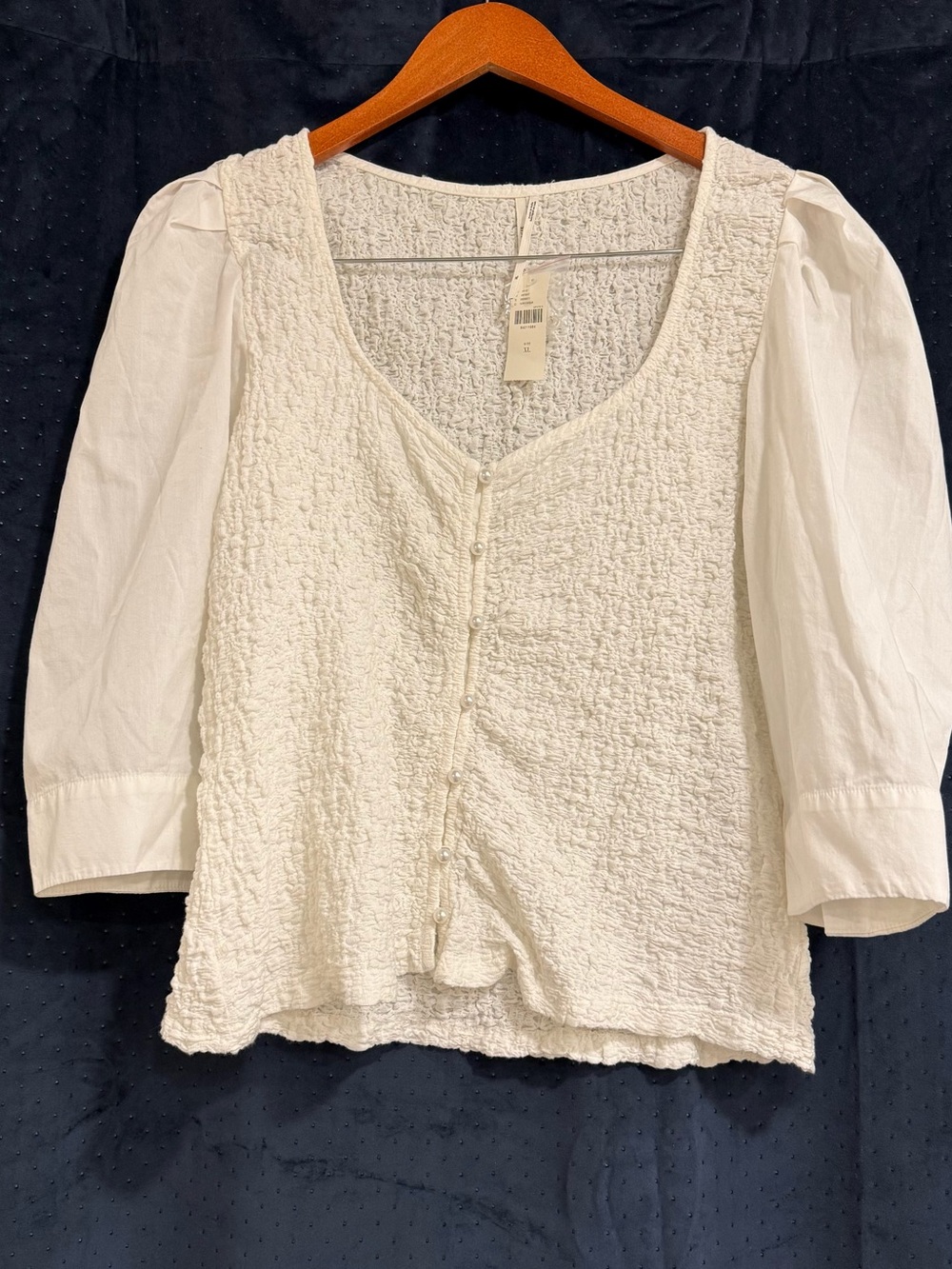 NWT Anthropologie Cream Textured Puff-Sleeve 3/4 Pearl Button Front Blouse